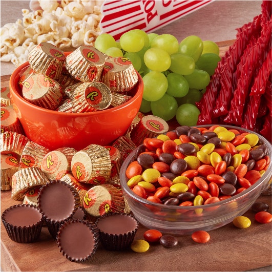 snack board with hershey candies